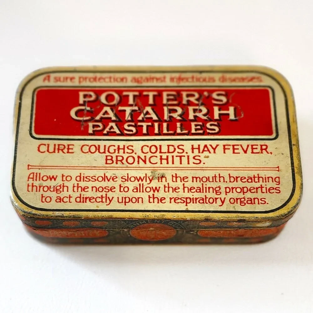 Antique Potters Catarrh Pastilles Cure Coughs Colds Hay Fever Asthma Tin
